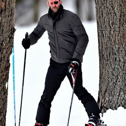 Image similar to jason statham skiing, dust, full body shot, finely detailed