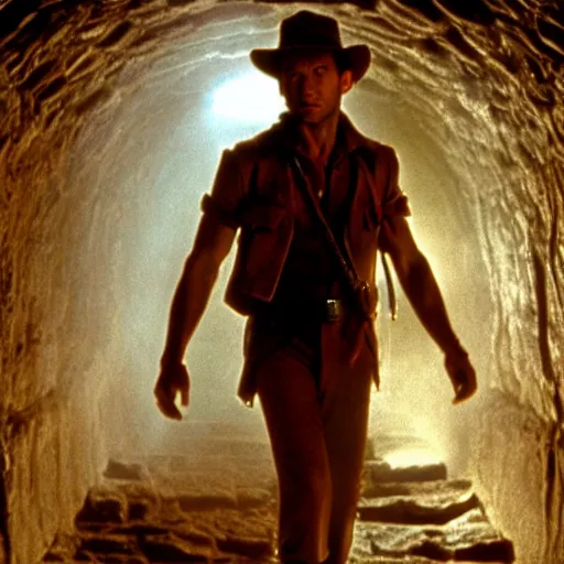 Prompt: film still of Joseph Gordon Levitt as Indiana Jones, walking through an Egyptian tomb in temple of doom film, 4k