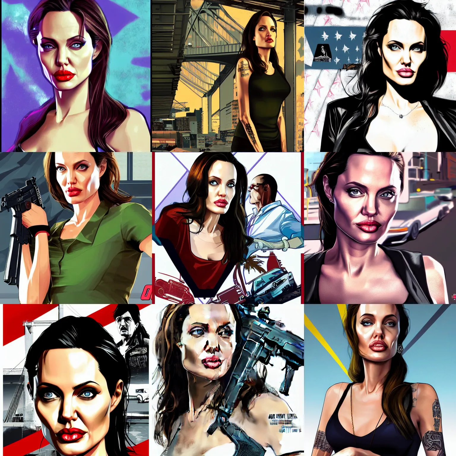 Prompt: angelina jolie in gta v promotional art by stephen bliss, no text, very detailed, high quality, dramatic lighting, great likeness