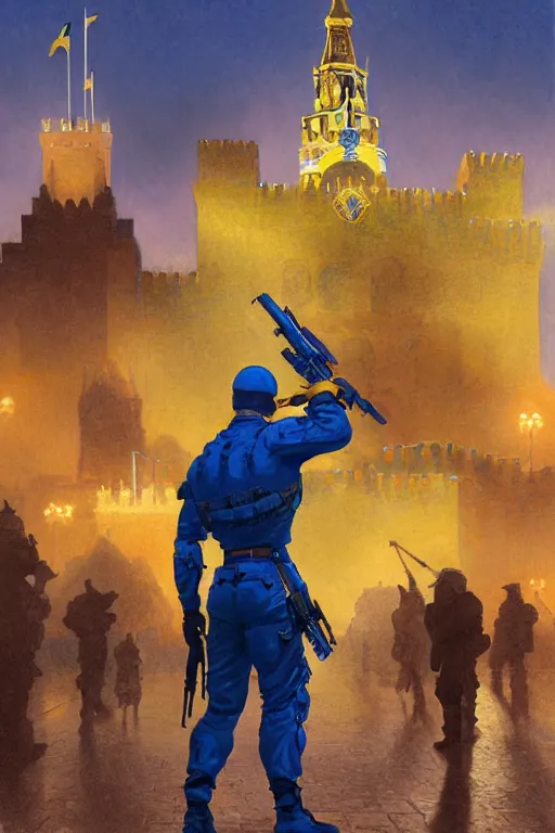 Image similar to special forces soldier installin ukrainian blue and yellow flag on red square kremlin, masculine figure, d & d, fantasy, bright atmosphere, volumetric lights, intricate, elegant, extremely detailed, digital painting, artstation, concept art, matte, smooth, sharp focus, hyper realistic, illustration, art by artgerm and greg rutkowski and alphonse mucha