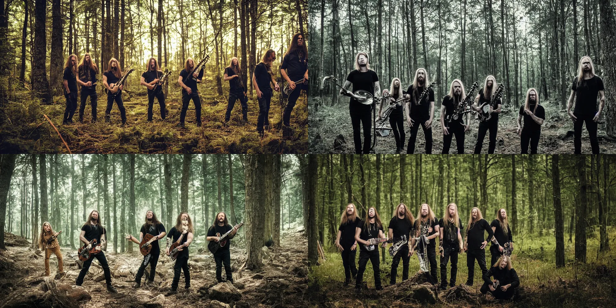 Prompt: scandinavian metal band playing music in the forest, natural lighting, photography, long shot, high quality, 4 k,