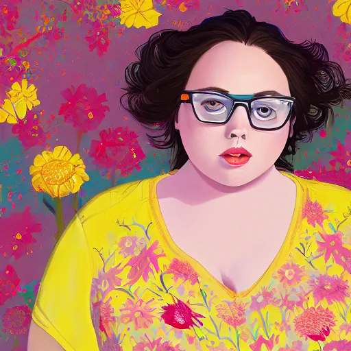 Prompt: colorful and festive cute young plus size todd solondz with tan skin, clear sharp todd solondz face, wearing yellow floral blouse. full body, rich vivid pastel colors, ambient lighting, dynamic lighting, 4 k, atmospheric lighting, painted, intricate, highly detailed by charlie bowater