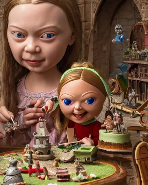 Image similar to highly detailed closeup, face profile portrait of a tin toy greta thunberg as a medieval goblin eating cakes in a castle, bikini, depth of field, nicoletta ceccoli, mark ryden, lostfish, dan decarlo, bob clampett, max fleischer, detailed and intricate environment, 8 k resolution, hyperrealistic, octane render