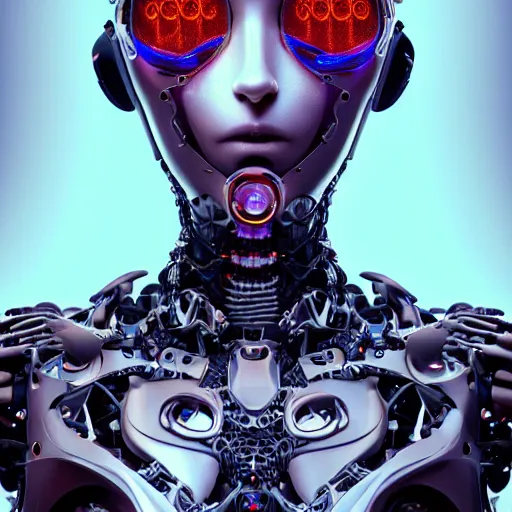 Image similar to An extremely beautiful biomechanical female looking robot with Emoji tattoos, chimeric organism, pale skin, organic polycarbon, full frontal portrait, ex machina, highly detailed, mendelbrot fractal, ray tracing, hyperdetailed, hyperrealistic, oppai cyberpunk, octane render, hdr, uhd 4k