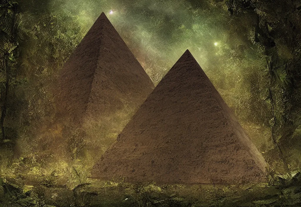 Image similar to a abandoned eerie pyramid in the jungle, dark, firefly, digital art,