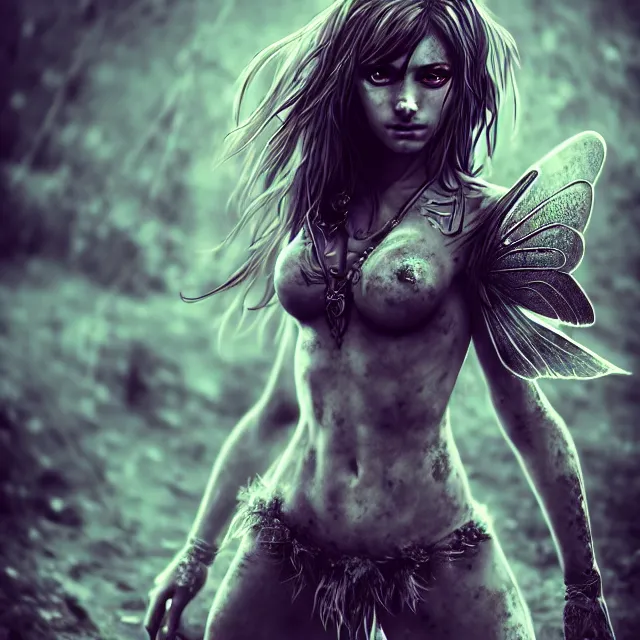 Prompt: full body pose, beautiful adult warrior fairy, dirty, grungy, grunge, highly detailed, 4 k, hdr, smooth, sharp focus, high resolution, award - winning photo, artgerm, photorealistic