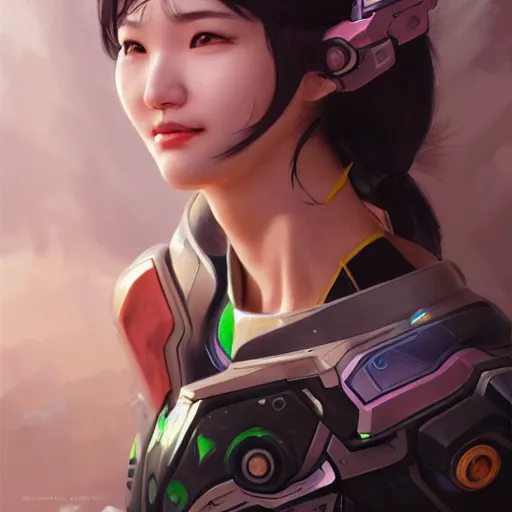 Prompt: science-fiction character portrait of DVa Hana Song Korean woman from Overwatch, intricate, wild, highly detailed, digital painting, artstation, upper body, concept art, smooth, sharp focus, illustration, art by artgerm and greg rutkowski and alphonse mucha