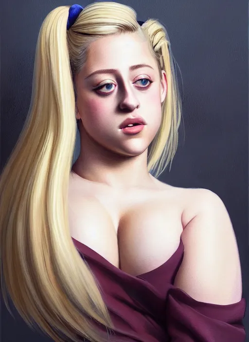 Image similar to full body portrait, teenage lili reinhart, blonde hair, obese, bangs, ponytail, sultry, realistic, sultry smirk, fluffy bangs, curly bangs, fat, belly, intricate, elegant, highly detailed, digital painting, artstation, concept art, smooth, sharp focus, illustration, art by wlop, mars ravelo and greg rutkowski