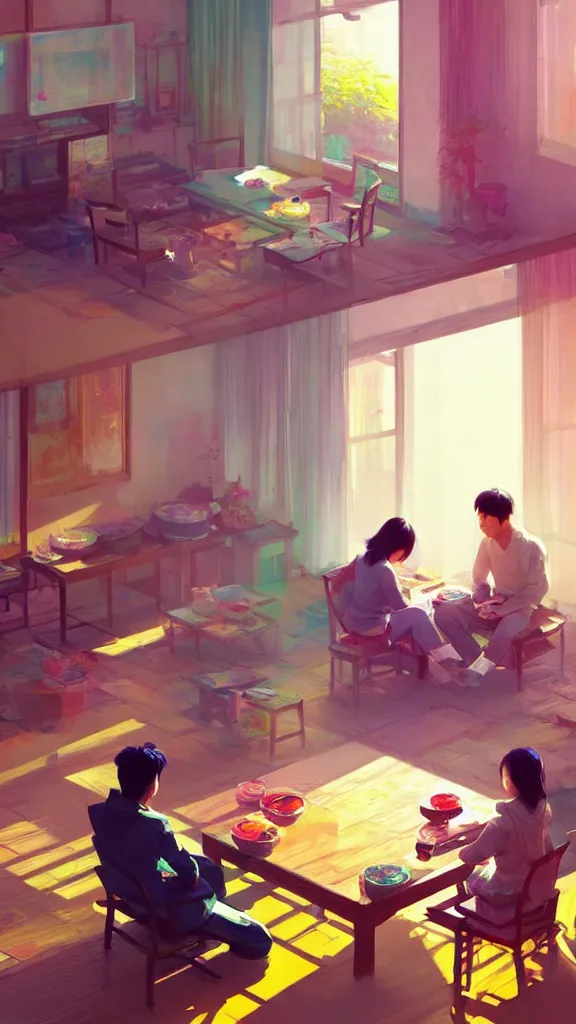 Prompt: wide full shot of asian couple looking at each other, sitting in rural living room, group of table fans placing around the room, day light, colorful mood, digital illustration by kyuyong eom and ruan jia, artstation behance pinterest