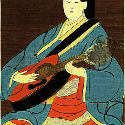 Prompt: the Chinese ancient painting of a lady playing guitar in Tang Dynasty , by Han Xizai