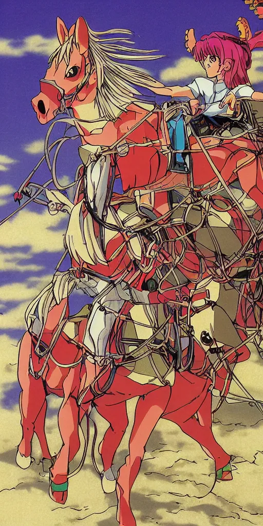 Image similar to a chariot drawn by horse in japan, 1990s anime, full color,