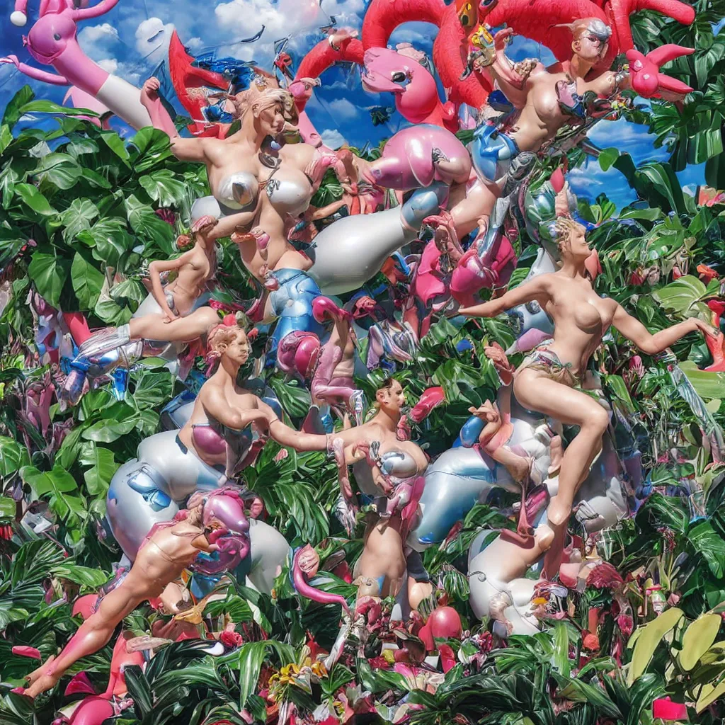 Image similar to an extreme close - up of a statue chrome cyborg lycra nymph battling a giant inflatable flamingo pool float, christmas cactus arnold schwarzenegger and monstera plants, fireworks thick smoke epic clouds, by jeff koons, hajime soryama, boris vallejo, artgerm, greg rutkowski, alphonse mucha