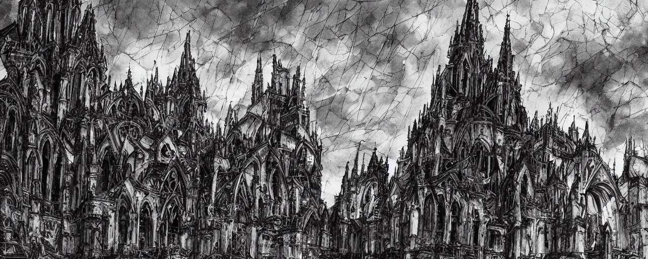 Image similar to gothic church, megalopolis, destroyed city, ultra detailed, miura kentaro style, tsutomu nihei style,