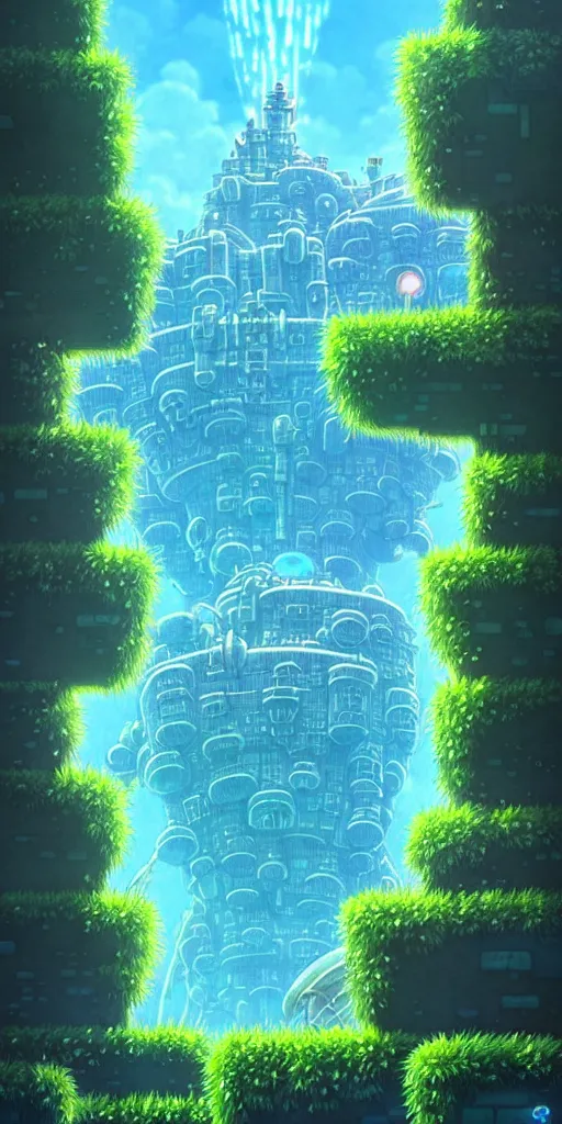 Image similar to a huge blue tiled apartment building of howl's moving castle ghibli, photorealistic, art by vincent di fate nausicaa, ghibli, breath of the wild, epic composition, green plants