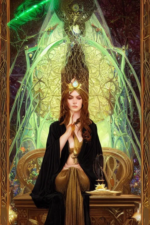 Prompt: a beautiful sorceress wearing a black robe with gold embroidery, sitting at table, casting a spell, green glows, painted by artgerm and tom bagshaw and alphonse mucha, in the style of magic the gathering, highly detailed digital art