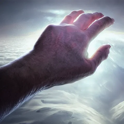 Image similar to hyperrealistic mixed media high resolution image of complex potential flow around the wrist of a proportionally sized hand reaching up and outward from the flow toward the atmosphere, stunning 3d render inspired art by unreal engine and Greg Rutkowski, perfect symmetry, dim volumetric lighting, 8k octane beautifully detailed render, post-processing, extremely hyper-detailed, intricate, epic composition, highly detailed attributes, highly detailed atmosphere, cinematic lighting, masterpiece, trending on artstation, very very detailed, masterpiece, stunning, flawless epidermis,