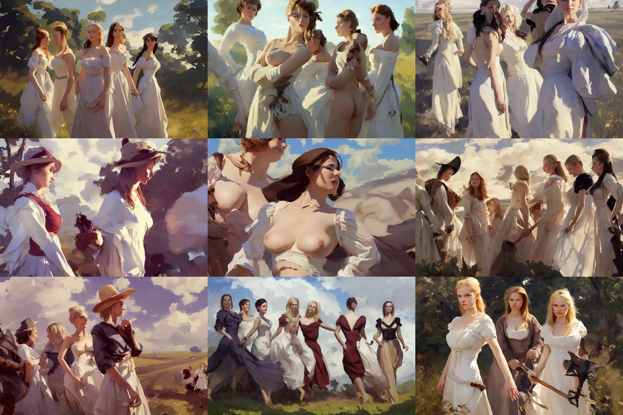 Prompt: five of beautiful finnish norwegian swedish scandinavian attractive glamour models wearing 1 7 th century mantua with low neckline walking in the field in a sunny day, jodhpurs greg manchess painting by sargent and leyendecker, studio ghibli fantasy close - up shot asymmetrical intricate elegant matte painting illustration hearthstone, by greg rutkowski by greg tocchini by james gilleard