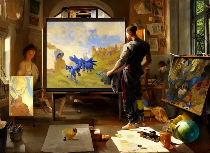 Prompt: a young painter in his studio painting a picture of a colourful pokemon, by edgar maxence and caravaggio and michael whelan and delacroix style, artistic, intricate drawing, cinematic lighting, hyper realistic, extremely detailed, establishing shot, 8 k resolution, dramatic lighting