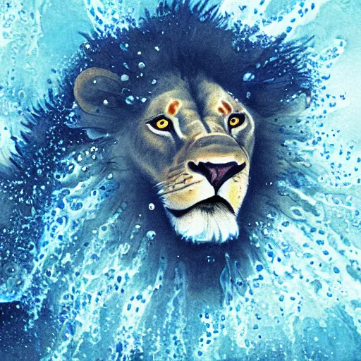 Image similar to a male lion's face breaching through a wall of water, water sprites, splashing, deep blue water color, highly detailed