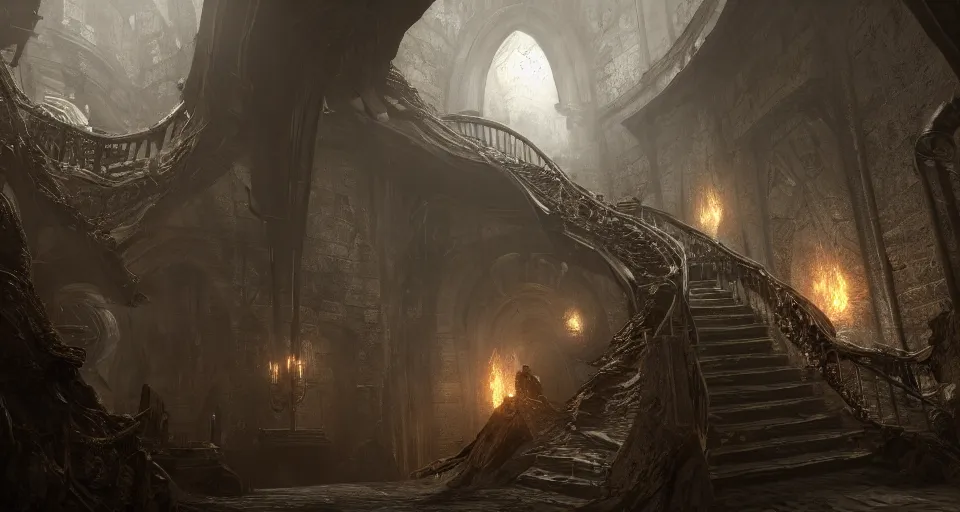 Image similar to an infinitely long wretched winding crooked staircase leading down into the depths of hell, trending on artstation, doom eternal, dark souls, unreal engine, gothic, atmospheric