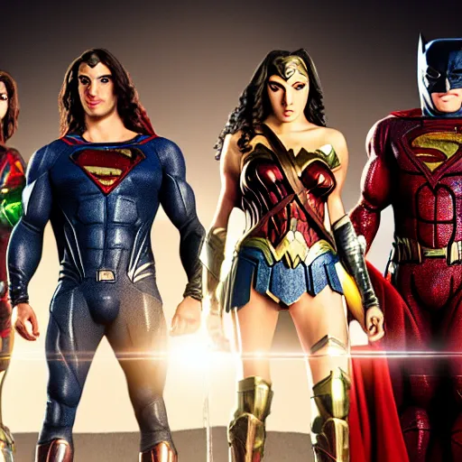 Image similar to gender swapped justice league, highly detailed, high quality, high resolution