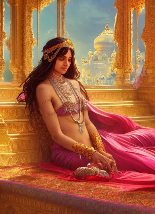 Image similar to an indian princess relaxing in her palace, shiny, fantasy, intricate, elegant, hyper detailed, ultra definition, photoreal, artstation, unreal engine rendered, concept art, smooth, sharp focus, illustration, art by artgerm and greg rutkowski and alphonse mucha and garis edelweiss