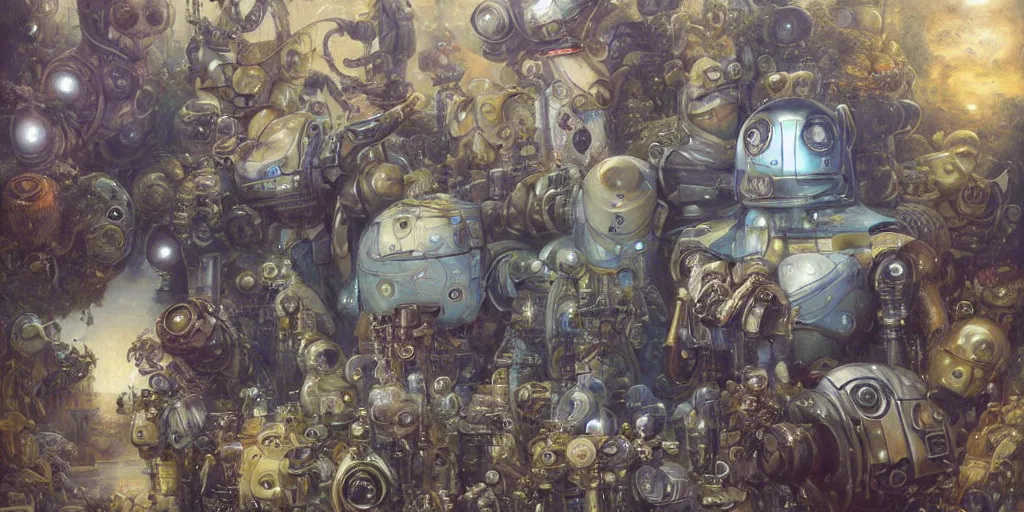 Prompt: many derpy shiny mechanical android robots, Lilia Alvarado, Sophie Anderson, Mark Arian, Bob Byerley, Charlie Bowater, Mark Brooks, Steve Henderson, Justin Gerard, Arthur Hughes, Edward Robert Hughes, Mark Keathley, Victor Nizovtsev, Carlos Shwabe, Ross Tran, WLOP