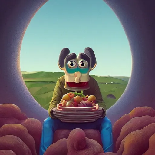 Prompt: A stunning portrait of Mr Bean eating geant vegetable, by Simon Stalenhag, Trending on Artstation, 8K