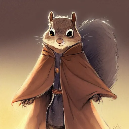 Prompt: Anthropomorphic squirrel in Cloak by rossdraws,greg rutkowski,and Sarah Andersen,ambient style, very detailed,detailed armor,detailed