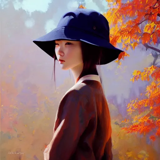 Image similar to oil painting by ilya kuvshinov,, baugh casey, artgerm craig mullins, coby whitmore, of a youthful japanese girl, long hair, fisherman's hat, highly detailed, breathtaking face, studio photography, noon, intense bounced light, water reflection, large tree casting shadow, serine intense sunlight