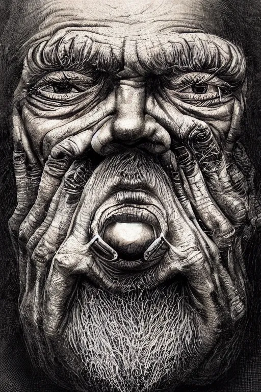 Prompt: ascii art, hyperrealism oil painting, close - up portrait of a scary old man with ten eyes and mandibles, in style of baroque zdzislaw beksinski