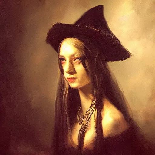 Prompt: high quality oil painting portrait of mysterious female witch by Rembrandt and Raymond Swanland, dark background, high fantasy, perfect lighting