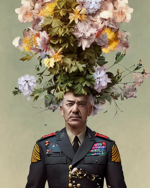 Image similar to a beautiful portrait photo of a angry military general man in uniform, looking very angry, covered by hibiscus, daffodils, hydrangea, montsera leaves by tom bagshaw and zach sutton, explosion of flowers, very detailed, artstation, 8 k