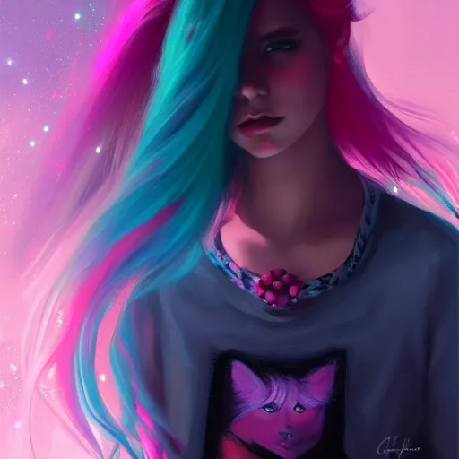 Image similar to colorful and festive captivating teenager girl with pink hair, cyan top crop, black skirt, black leggings, cute look. rich vivid colors, ambient lighting, dynamic lighting, 4 k, atmospheric lighting, painted, intricate, highly detailed by charlie bowater