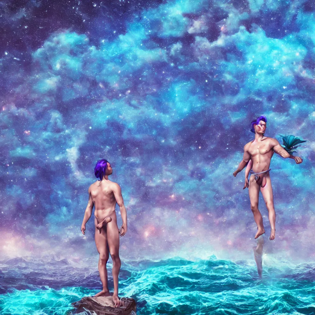 Image similar to blue merman standing overlooking an ocean, 4k, art station, detailed, vaporwave, galaxy sky