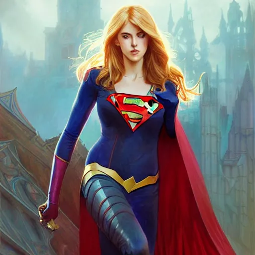 Prompt: Katherine McNamara as Super Girl, western, D&D, fantasy, intricate, elegant, highly detailed, digital painting, artstation, concept art, matte, sharp focus, illustration, art by Artgerm and Greg Rutkowski and Alphonse Mucha