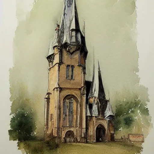 Image similar to ((((((((((((watercolor sketch)))))))))))) of a (((((((watercolor sketch of Gothic revival castle gatehouse))))))) . muted colors. by Jean-Baptiste Monge !!!!!!!!!!!!!!!!!!!!!!!!!!!!!!!!!!!!!!!!