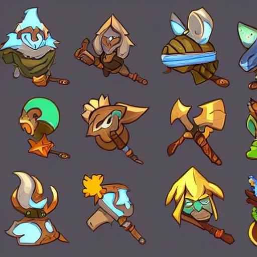 Prompt: A dofus online game assets spritesheet by blizzard, magic spells and weapons, vector art, very detailed