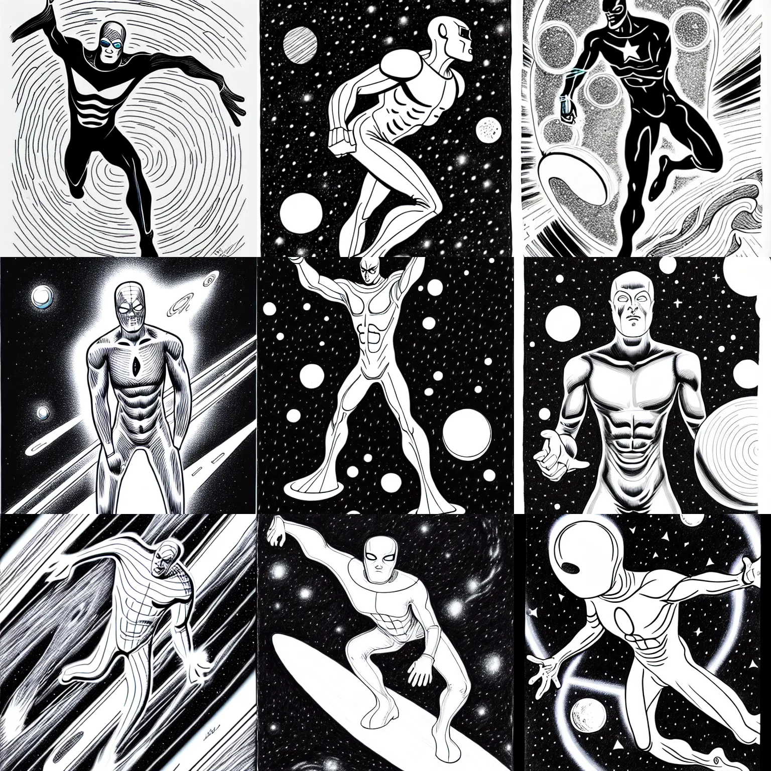 Prompt: silver surfer in space, by james jean, black and white, pencil drawing,