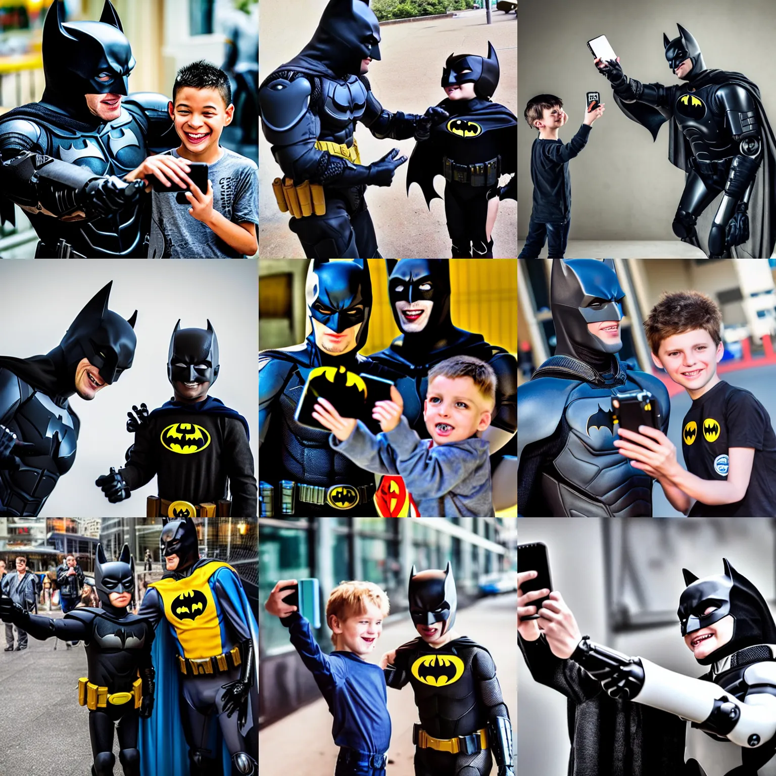 Prompt: Photography, A Batman taking a selfie with boy as RoboCop, big smile