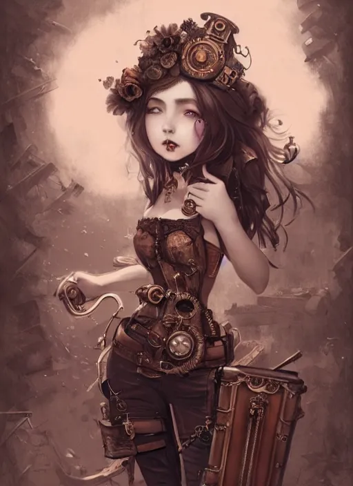 Image similar to daguerreotype of beautiful steampunk girl, white skin, long brunette hair, lipstick, short pants, belts, black croptop, junkyard, high fantasy, highly detailed, digital illustration, by rossdraws, sakimichan frank franzzeta