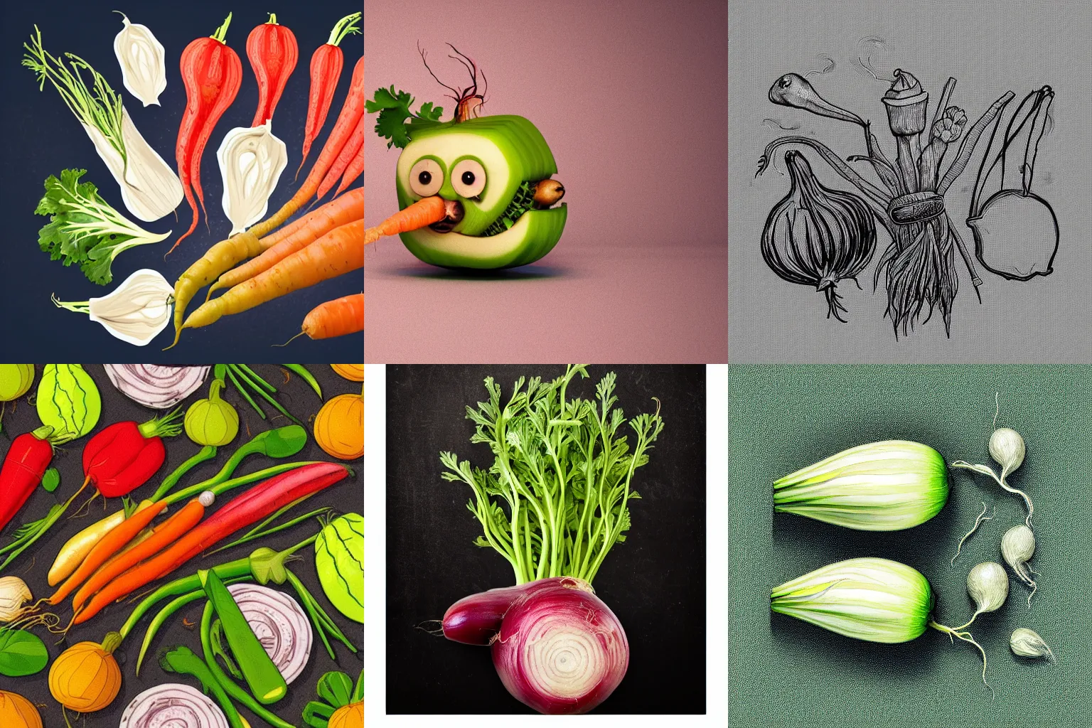 Prompt: cursed vegetables with twisted faces, my radish is crying tears, the onions are spying with spyglasses, the carrots are frying in a pan, my vegetables are conspiring together with knives, what rhyming is this with a quill, artsy poetry, 3D realistic cinematic 4k, high fideality, dramatic, shocking, trending, illustration, blursed