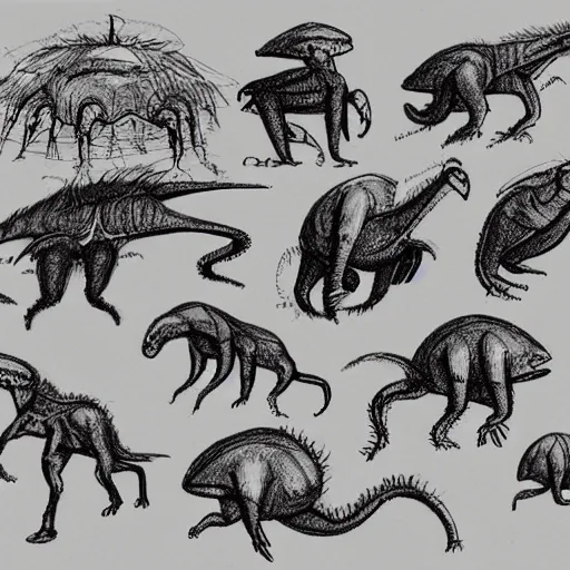 Image similar to a sketch of alien animals from another planet, found in the logbook of an explorer