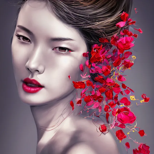 Prompt: studio portrait absurdly beautiful, elegant, graceful, young hypercolorful contrast korean gravure idol rubies and red petals, ultrafine hyperrealistic detailed face illustration by kim jung gi, irakli nadar, intricate linework, sharp focus, bright colors, matte, octopath traveler, final fantasy, unreal engine highly rendered, global illumination, radiant light, intricate environment