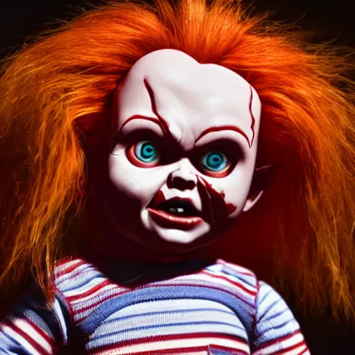 Prompt: Chucky the killer doll from the movie Child's Play demonic scary creepy movie still 8k hdr scary lighting