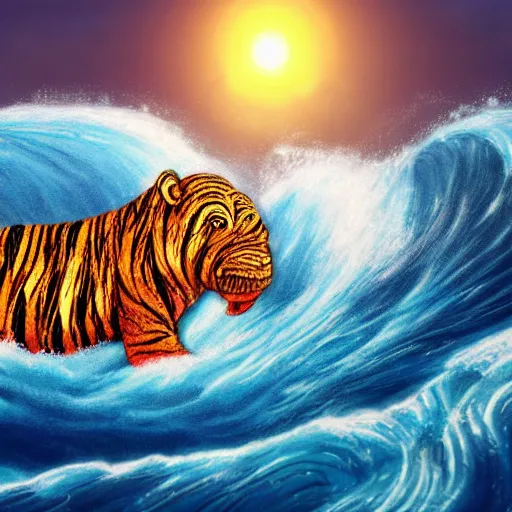 Image similar to a closeup photorealistic photograph of a cute smiling knitted tiger hippopotamus riding a large wave at sunset. surf in the background. professional capture. brightly lit scene. this 4 k hd image is trending on artstation, featured on behance, well - rendered, extra crisp, features intricate detail, epic composition and the style of unreal engine.