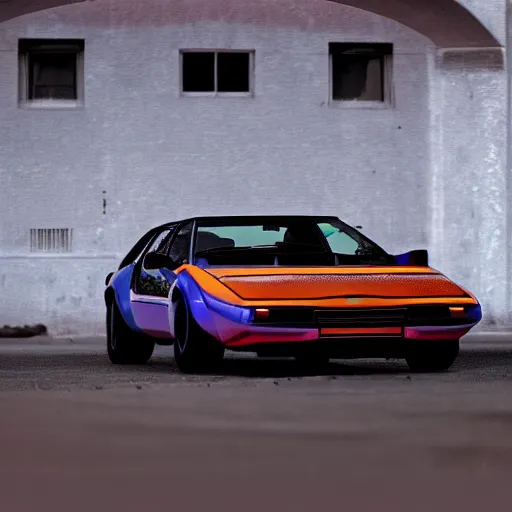 Image similar to detomaso pantera, night, headlights are on, professional photography, vaporwave