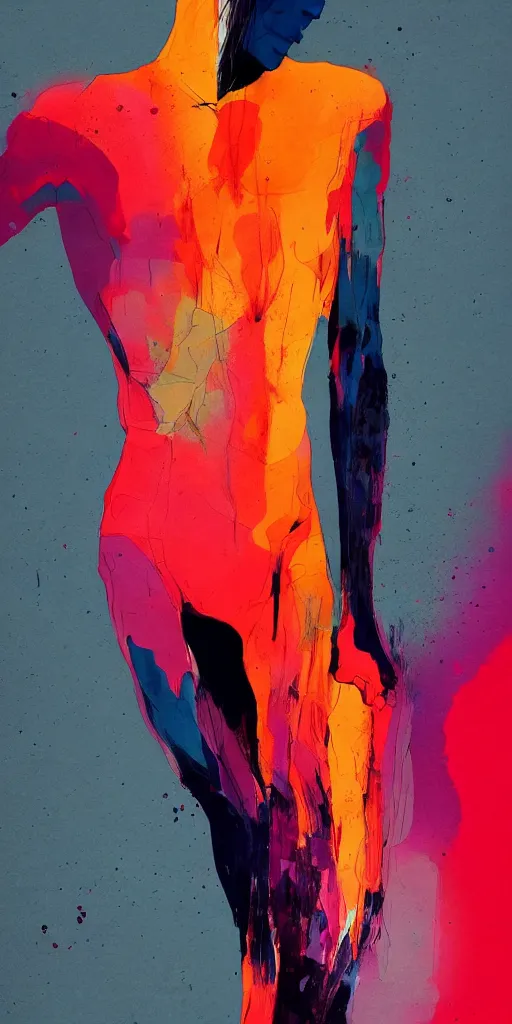 Image similar to abstract flowing brush strokes of the torso of one thin athletic man posing dramatically with no face, closeup, matte paint colors, conrad roset, dark abstract background, painting trending on artstation