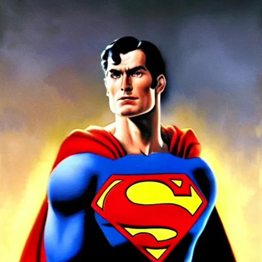 Prompt: an ultra - realistic portrait painting of superman in the style of frank frazetta. 4 k. ultra - realistic. highly detailed. dark fantasy. epic lighting.