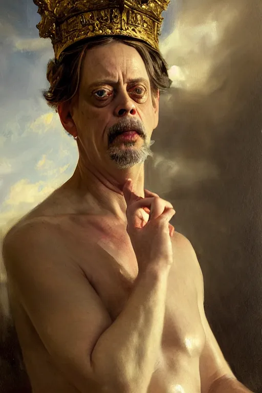 Image similar to beautiful oil painting portrait of ancient roman god emperor steve buscemi wearing the civic crown levitating and ascending religious pose, ascension, art by anders zorn, wonderful masterpiece by greg rutkowski, expressive brush strokes, beautiful cinematic light, american romanticism by greg manchess, jessica rossier